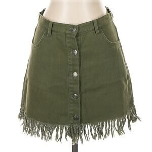 Olive Scent Olive Green Fringed Hem Button Fly Skirt, Utility Boho, Size Large